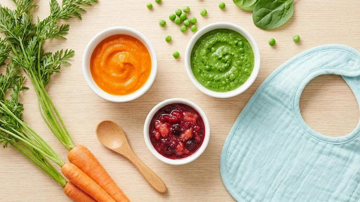 Diversification alimentaire : purées de légumes et cuillère pour bébé