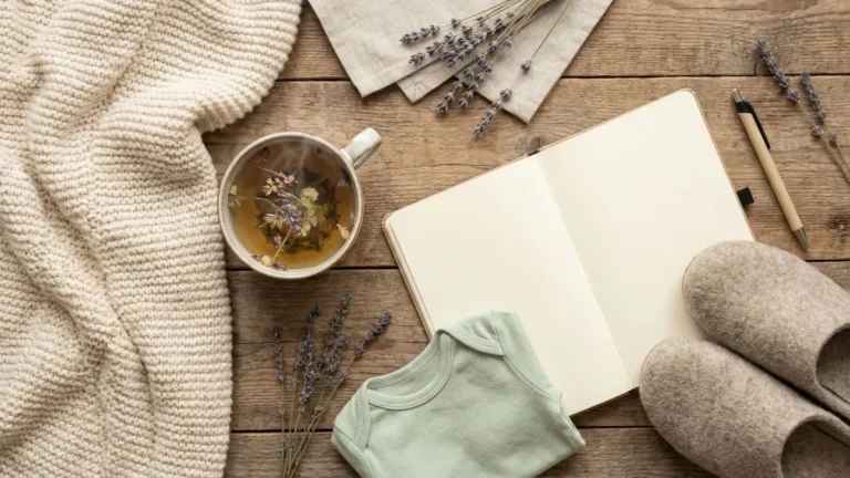 Post-partum : tisane, plaid et carnet, ambiance douce de récupération